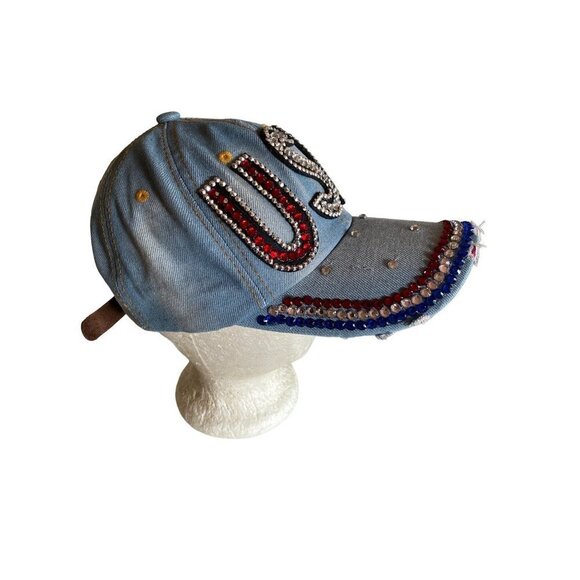 Denim Chambray Distressed Sparkle Bedazzled Rhinestone USA Hat Cap Adjustable - Picture 3 of 6
